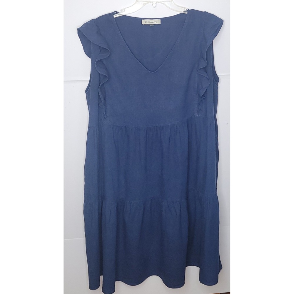 Angel Maternity Nursing Dress Womens XL Blue Ruffle Tiered Linen Blend Boho Chic